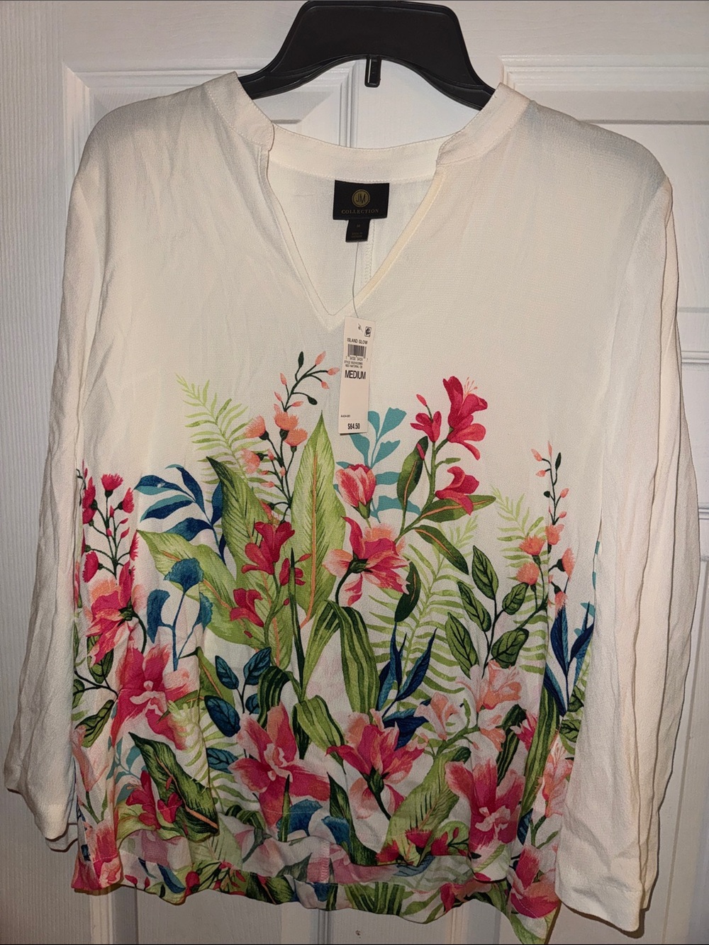 Coldwater Creek Cream Floral Split-Neck Blouse